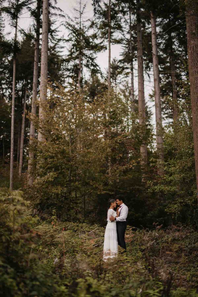 hochzeitsfotos bonn Brautpaar steht im Tannenwald